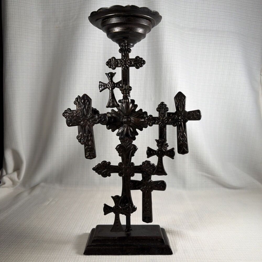Cast Iron Gothic Multi Cross Pillar Candle Holder Stand 12" Altar Bronze Patina